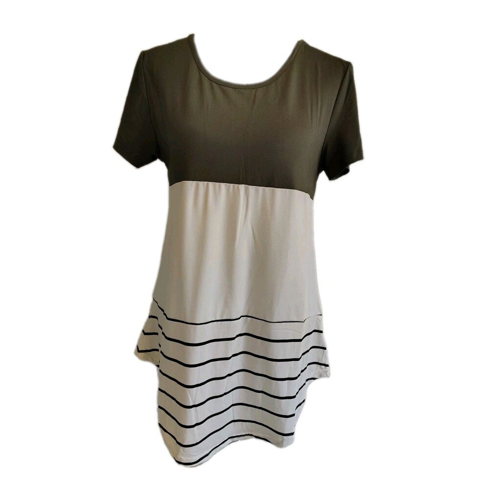 Fade Crochet Lace Back Tunic Top S Olive Green White Striped Colorblock